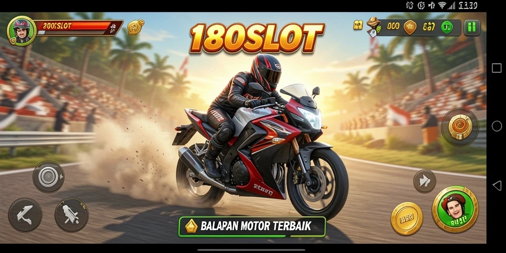 Tampilan gameplay balapan seru di 180SLOT dengan motor berkecepatan tinggi.