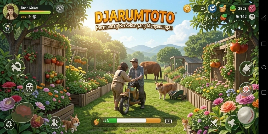 Screenshot gameplay DJARUMTOTO yang menunjukkan kebun yang subur dan tanaman yang indah.