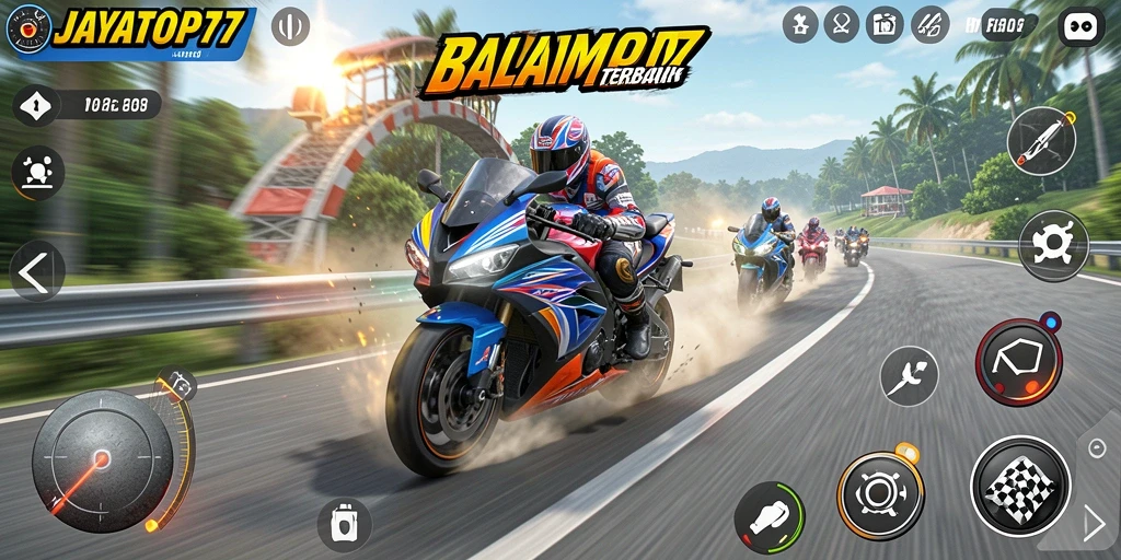Gameplay JAYATOP77 dengan balapan motor yang cepat dan mendebarkan.