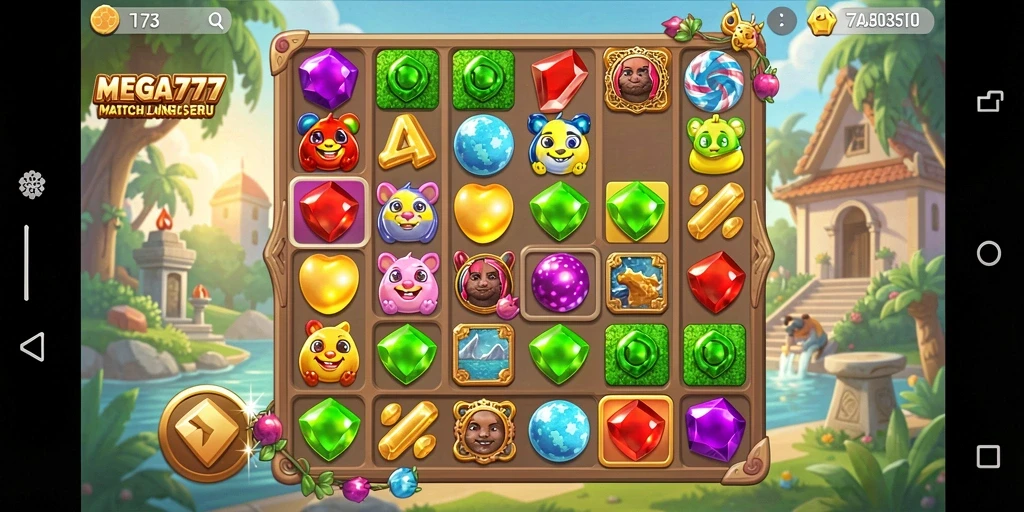 Screenshot MEGA777 menunjukkan gameplay Match-3 yang penuh warna dan menyenangkan.