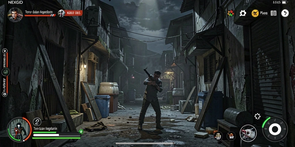 Tampilan gameplay menegangkan NEXGID dengan atmosfer horror yang mencekam.