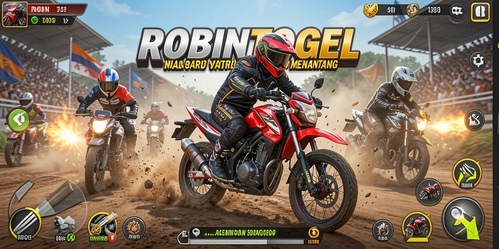 Tampilan gameplay menegangkan dari ROBINTOGEL saat balapan motor.